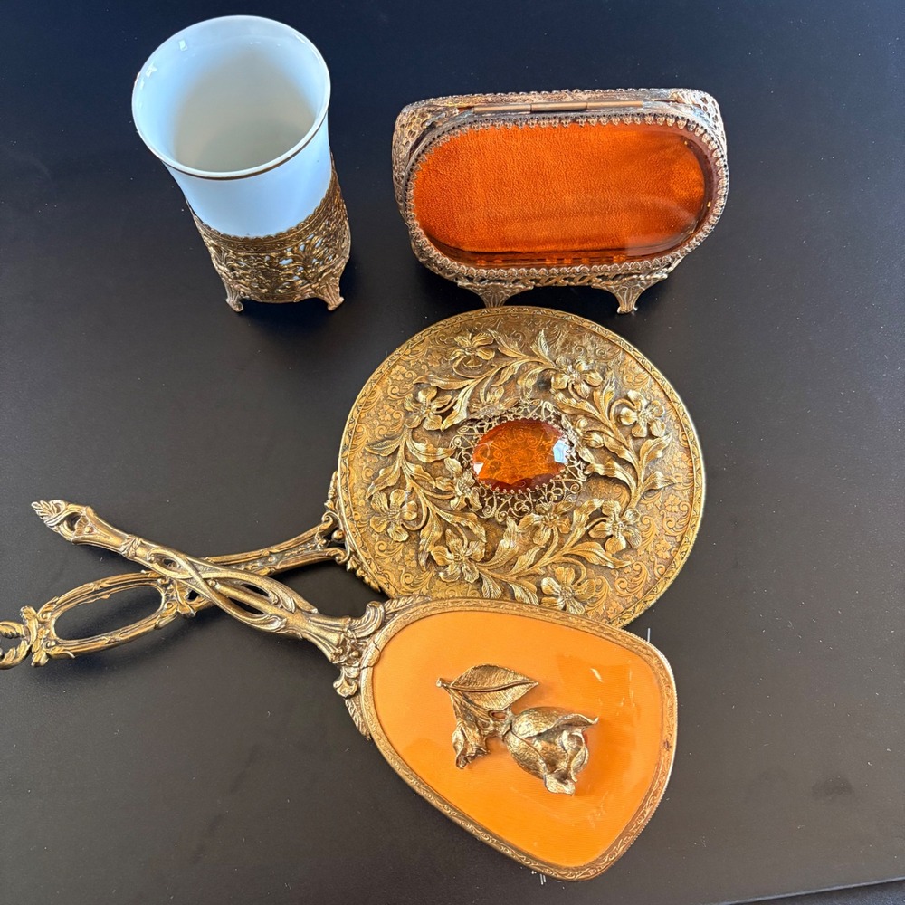 Antique vanity set trinkets case hand mirror‎ brush cup 4 pc amber glass